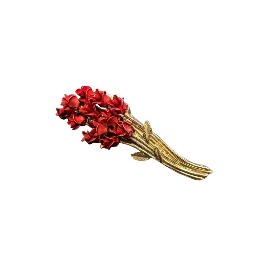 Vtg SIGNED DM 1997 DOZEN ROSES BIG 2.5" FLOWER BROOCH PIN Gold tone red enamel